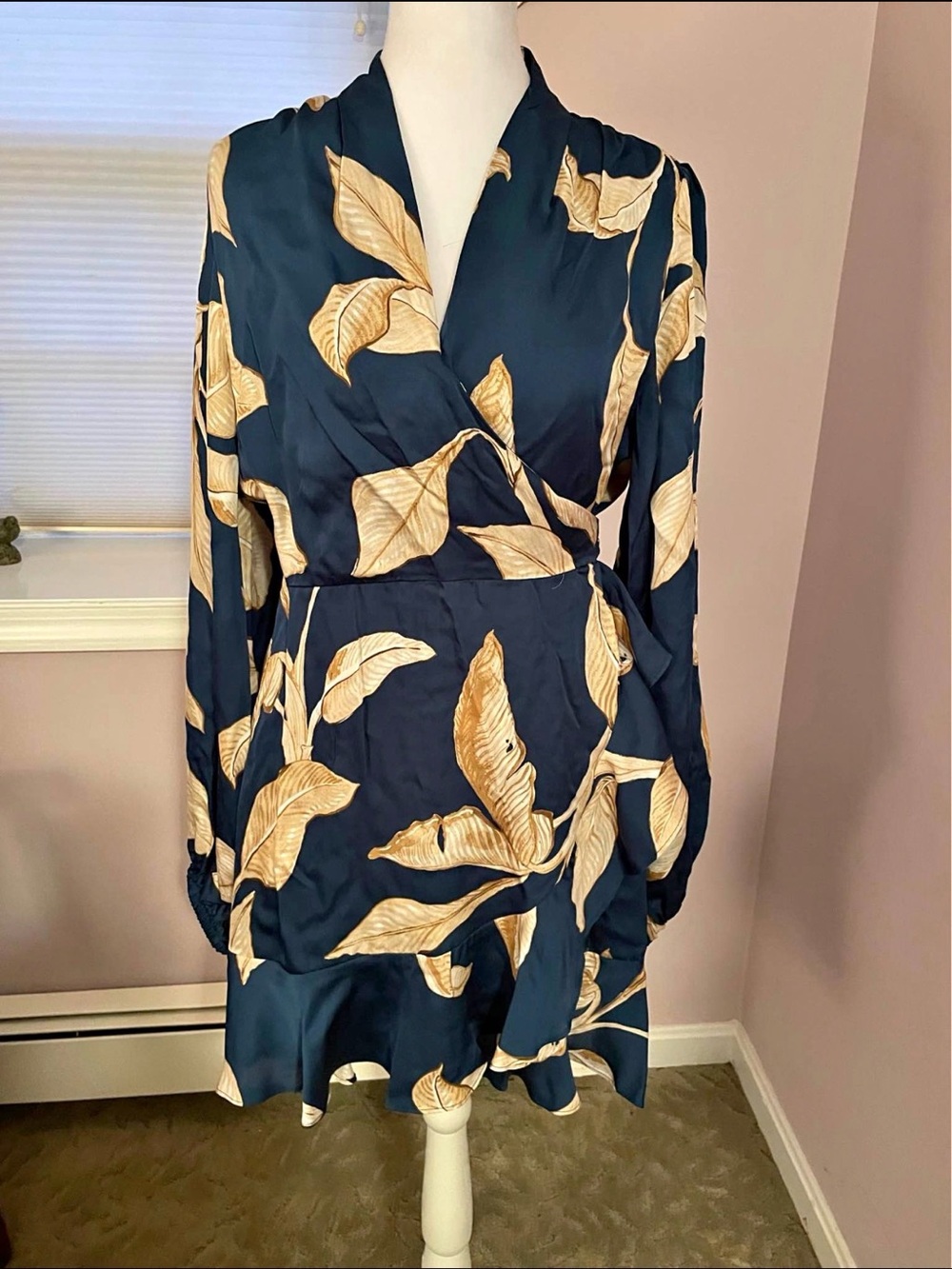 Banana Republic Navy Wrap Dress with Cream Leaf Motif